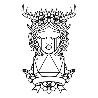 Siyah ve Beyaz Dövme çizim Biçimli üzgün elf karakter yüzü D20 ruloyla