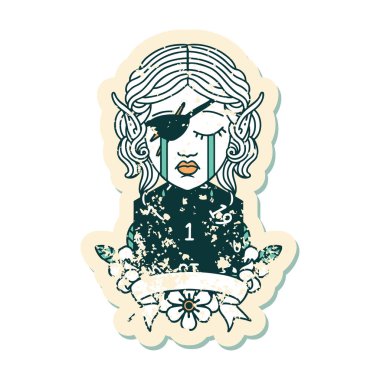 Retro Dövme Tarzı Ağlayan elf haylaz karakteri ve doğal bir D20 rulo