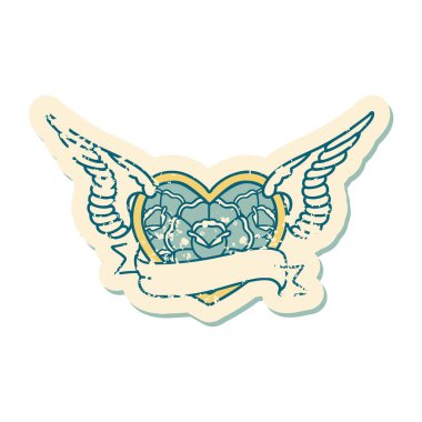 Çiçek ve bayrak taşıyan uçan bir kalbin ikonik kederli dövme görüntüsü