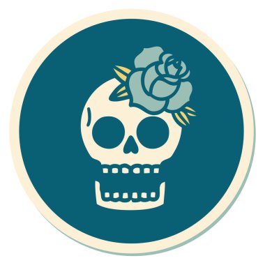 Geleneksel kafatası ve gül stili dövme çıkartması.