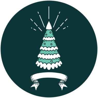 Dövme tarzı bir ikon. Çam ağacı karla kaplı.