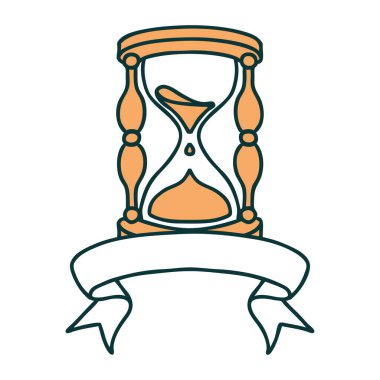 Geleneksel dövmeli, bir saatlik cam pankartıyla.