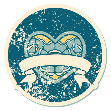 ikonik sıkıntılı dövme stili bir kalp ve çiçekli pankart