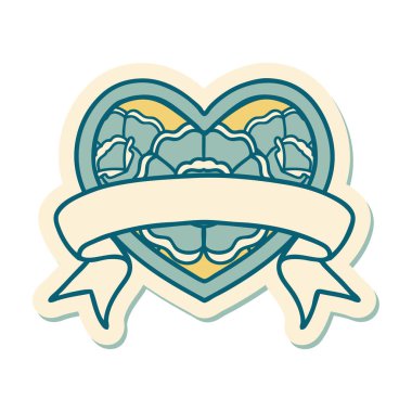 Geleneksel kalp stili dövme çıkartması ve çiçekli pankart.