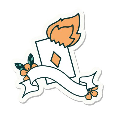 Yanan bir kartın pankartına sahip dövme stili çıkartması