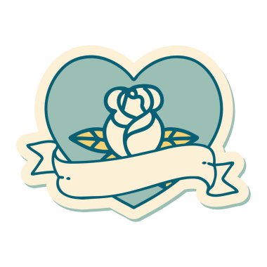 Dövme çıkartması geleneksel tarz bir kalp gülü ve bayrağı 