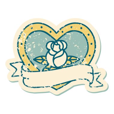 İkonik ıstıraplı dövme stili kalp gülü ve bayrağın görüntüsü 