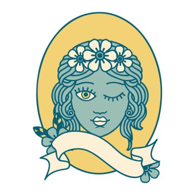 Geleneksel dövmeli, çiçekli taç takan bir kız dövmesi.