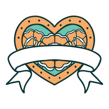 ikonik dövme stili bir kalp ve çiçekli pankart