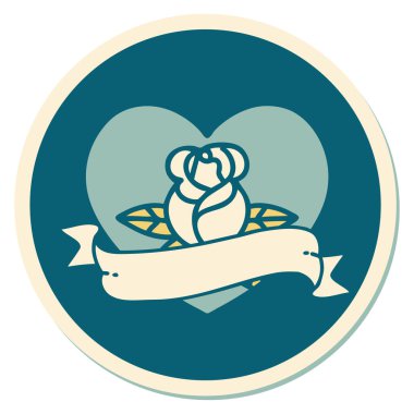 Dövme çıkartması geleneksel tarz bir kalp gülü ve bayrağı 