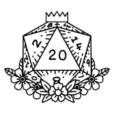 Siyah ve Beyaz Dövme çizim Biçimi Doğal 20 D20 zarları çiçek elementleriyle yuvarlanıyor