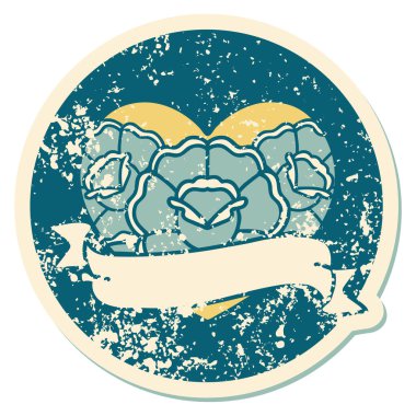 ikonik sıkıntılı dövme stili bir kalp ve çiçekli pankart