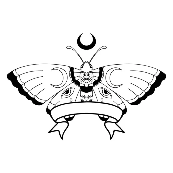 伝統的なブラックラインワークのタトゥーと蛾のバナー — ストックベクタ