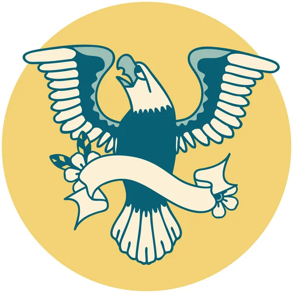 Icône Style Tatouage Avec Bannière Aigle Américain — Image vectorielle