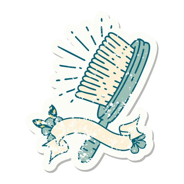 Versleten Oude Sticker Van Een Tattoo Stijl Haarborstel — Stockvector
