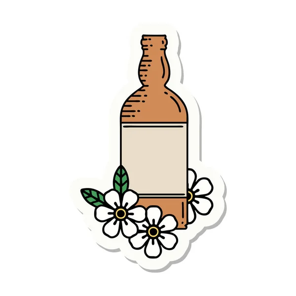 Tätowiersticker Traditionellen Stil Einer Rumflasche Und Blumen — Stockvektor