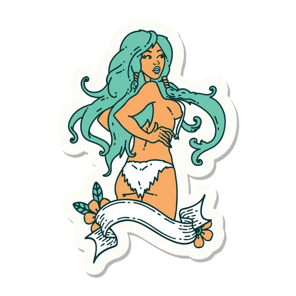 Sticker Tattoo Traditional Style Pinup Viking Girl Banner — Stock Vector