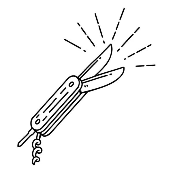 伝統的なブラックラインワークタトゥースタイルの折りたたみナイフのイラスト — ストックベクタ