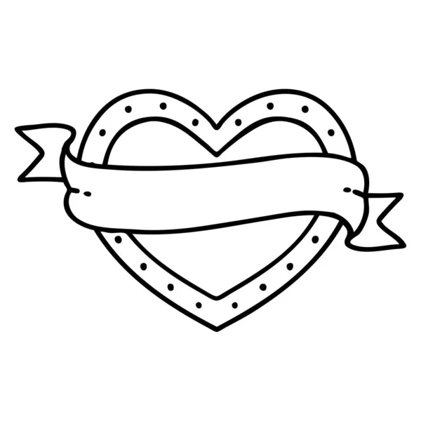 Tattoo Black Line Style Heart Banner — Stock Vector