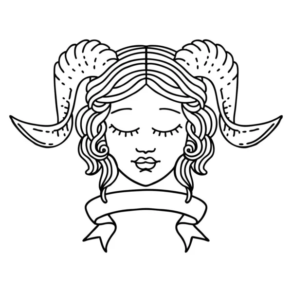 Black White Tattoo Linework Style Tiefling Character Face Scroll Banner — 스톡 벡터