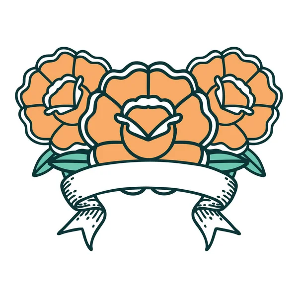 Traditionelle Tätowierung Mit Banner Eines Blumenstraußes — Stockvektor