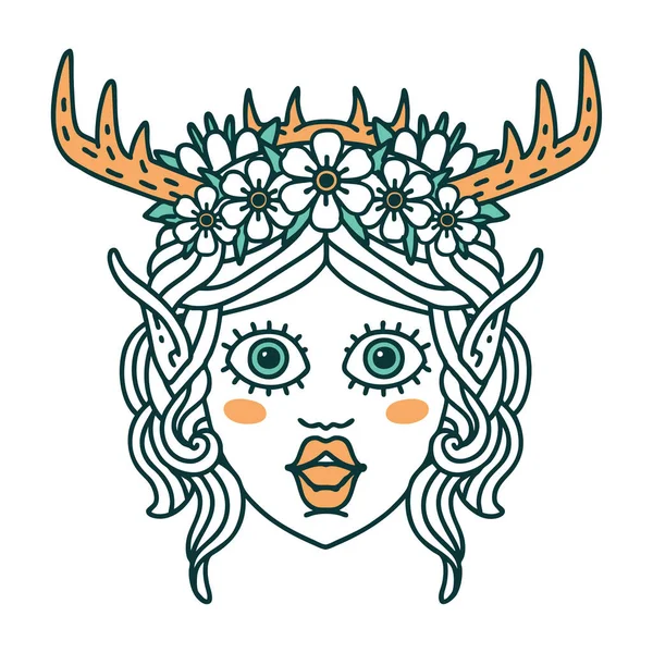 Retro Tattoo Style Elf Druid Character Face — Stock Vector