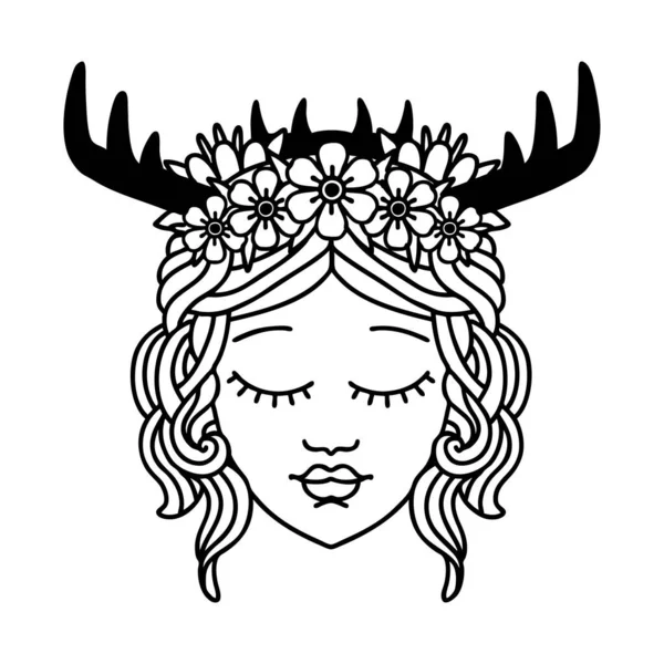 Black White Tattoo Linework Style Human Druid Character Face — Stock Vector
