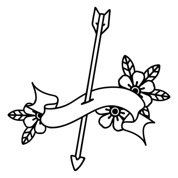 矢印のバナーと伝統的な黒い線のタトゥー — ストックベクタ