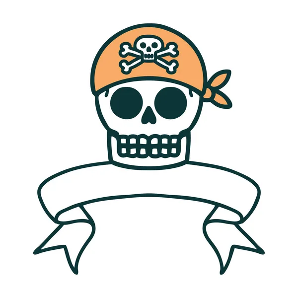 Tatuaje Tradicional Con Bandera Cráneo Pirata — Vector de stock