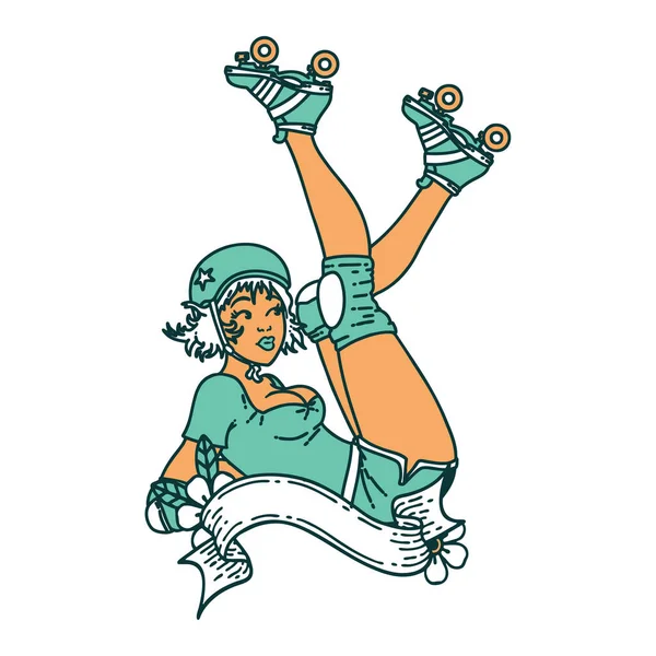 Tatouage Dans Style Traditionnel Une Fille Pinup Roller Derby Avec — Image vectorielle