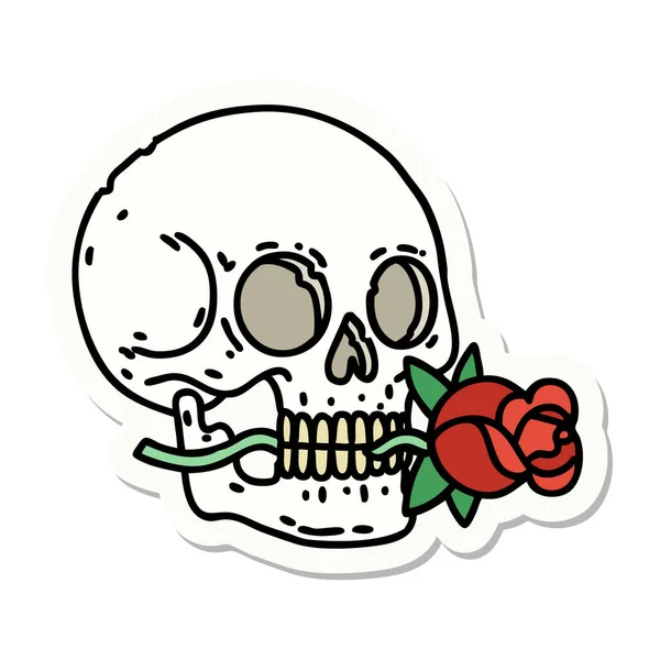 传统头盖骨和玫瑰纹身贴纸 — 图库矢量图片