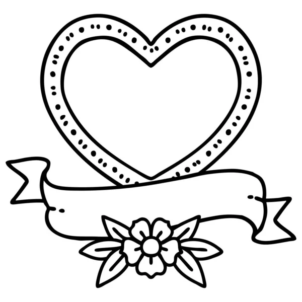Tattoo Black Line Style Heart Banner — Stock Vector