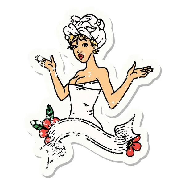 Distressed Sticker Tattoo Traditionellen Stil Eines Pinup Girls Handtuch Mit — Stockvektor