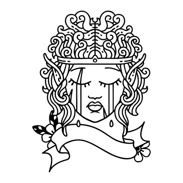 Black White Tattoo Linework Style Crying Elf Barbarian Character Face — Stock Vector