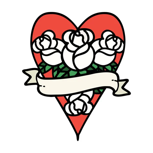 Tetoválás Hagyományos Stílus Egy Szív Banner Virágokkal — Stock Vector