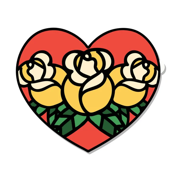 Pegatina Del Tatuaje Estilo Tradicional Del Corazón Las Flores — Archivo Imágenes Vectoriales