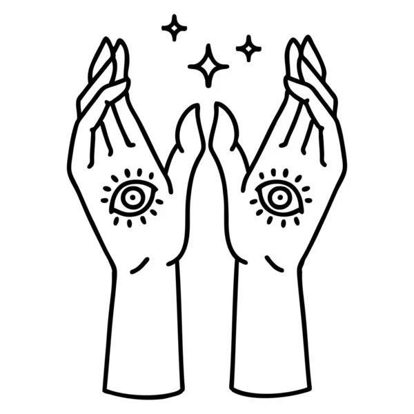 ブラックラインスタイルの神秘的な手のタトゥーは — ストックベクタ