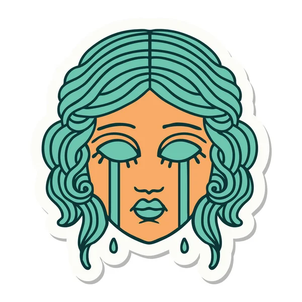 Sticker Tattoo Traditional Style Female Face Crying — Stock Vector