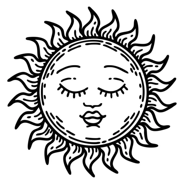 Tattoo Black Line Style Sun — Stock Vector