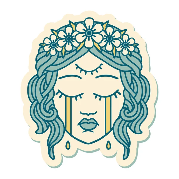 Sticker Tattoo Traditional Style Female Face Third Eye Crown Flowers — Stock Vector