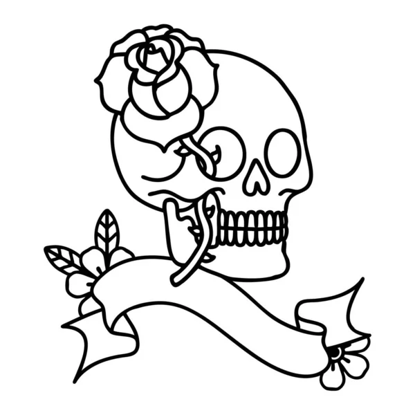 Tradiční Černé Liniové Tetování Praporem Lebky Růží — Stockový vektor