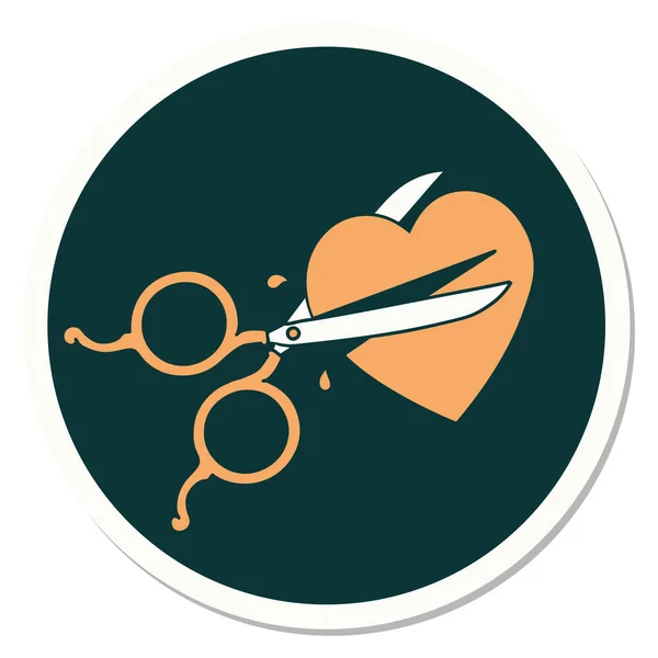 Sticker Tattoo Traditional Style Scissors Cutting Heart — Stock Vector