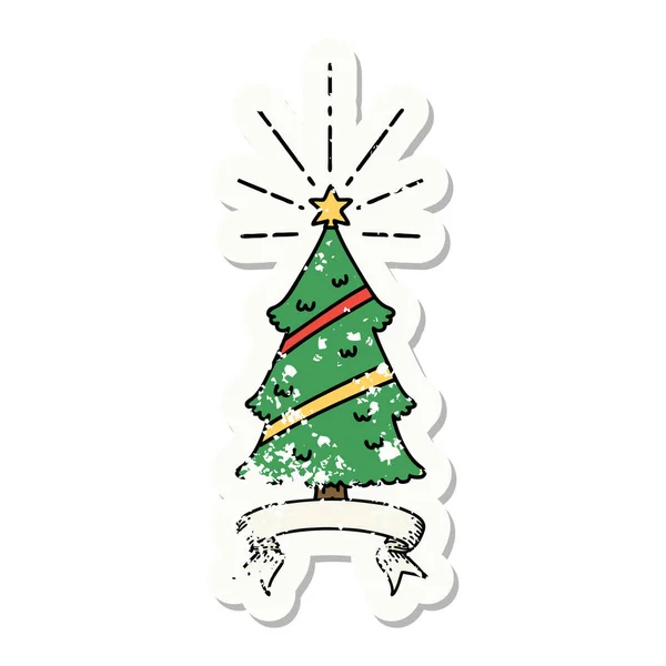 Ношенная Старая Наклейка Рождественскую Елку Стиле Татуировки Звездой — стоковый вектор