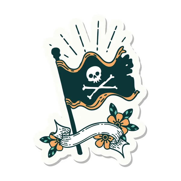 Pegatina Estilo Tatuaje Ondeando Bandera Pirata — Vector de stock