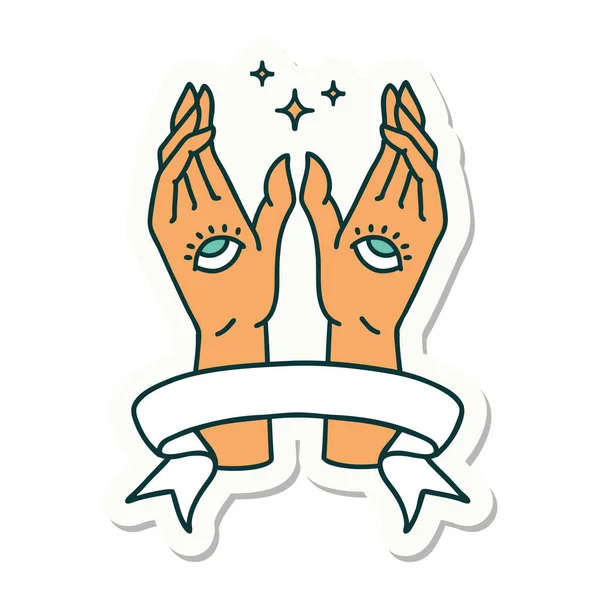 Sticker Tätowierstil Mit Banner Mystischer Hände — Stockvektor