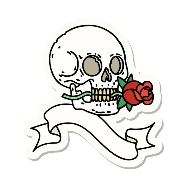 带有骷髅和玫瑰横幅的纹身风格贴纸 — 图库矢量图片
