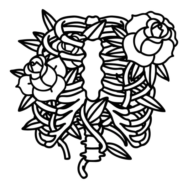 Tatouage Dans Style Ligne Noire Une Cage Thoracique Fleurs — Image vectorielle