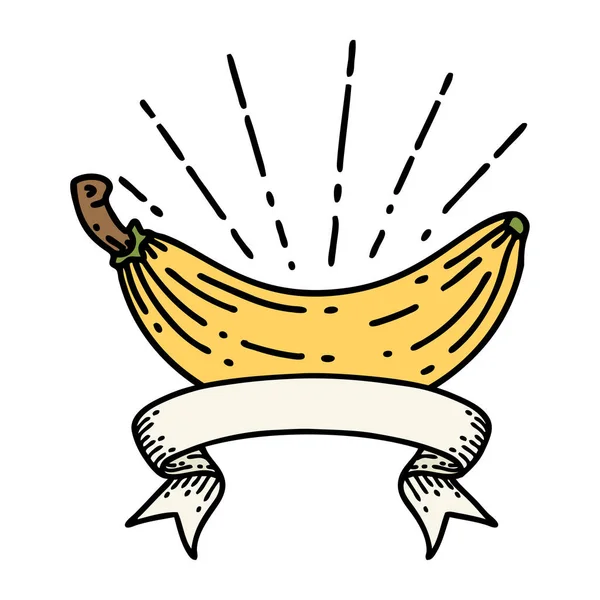 Tekercs Banner Tetoválás Stílus Banán — Stock Vector