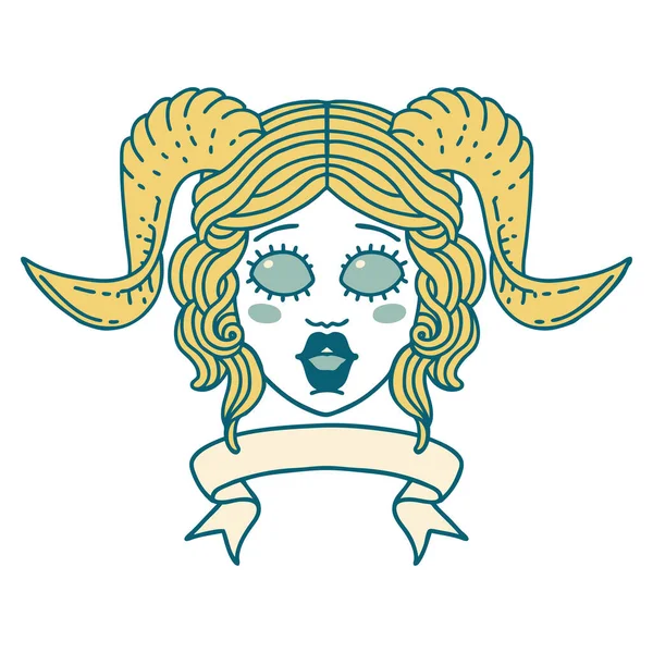 Cara Carácter Tiefling Estilo Tatuaje Retro Con Banner Desplazamiento — Vector de stock