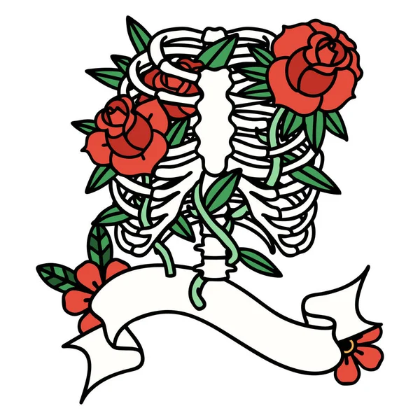 traditional tattoo with banner of a rib cage and flowers